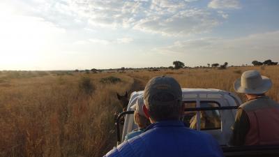 Earthwatch volunteers riding through the wildlife reserve
