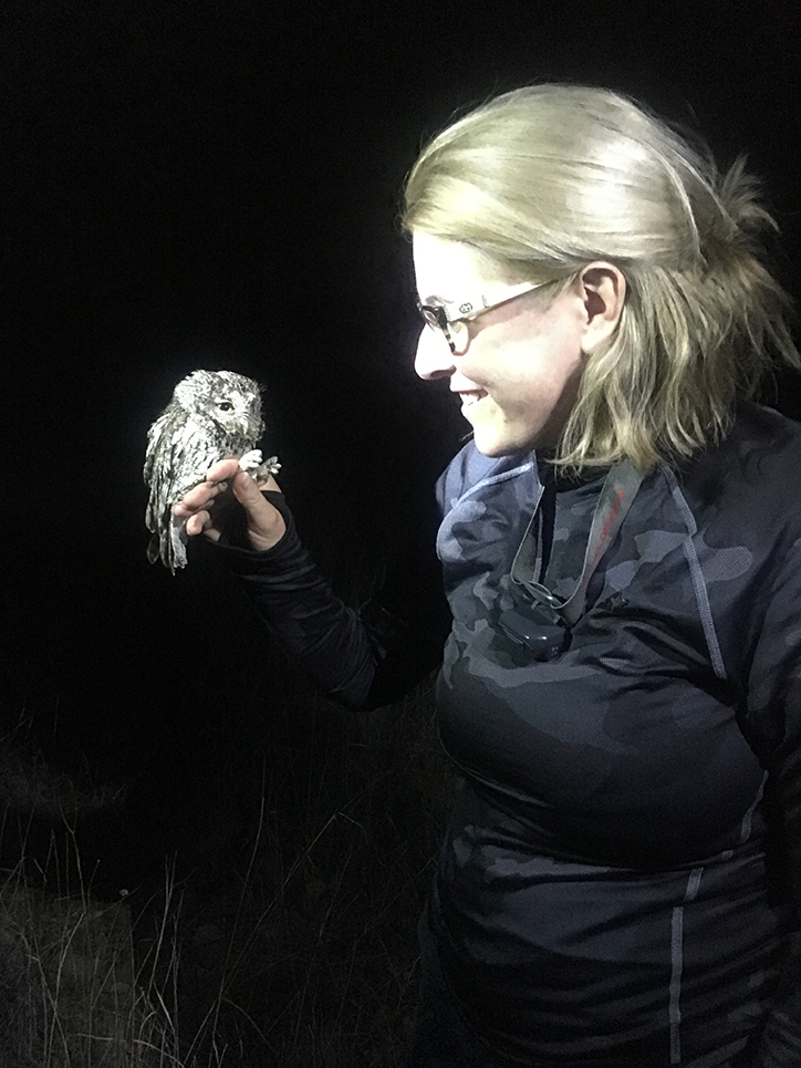 Tracy with a Whiskered Screech Owl.