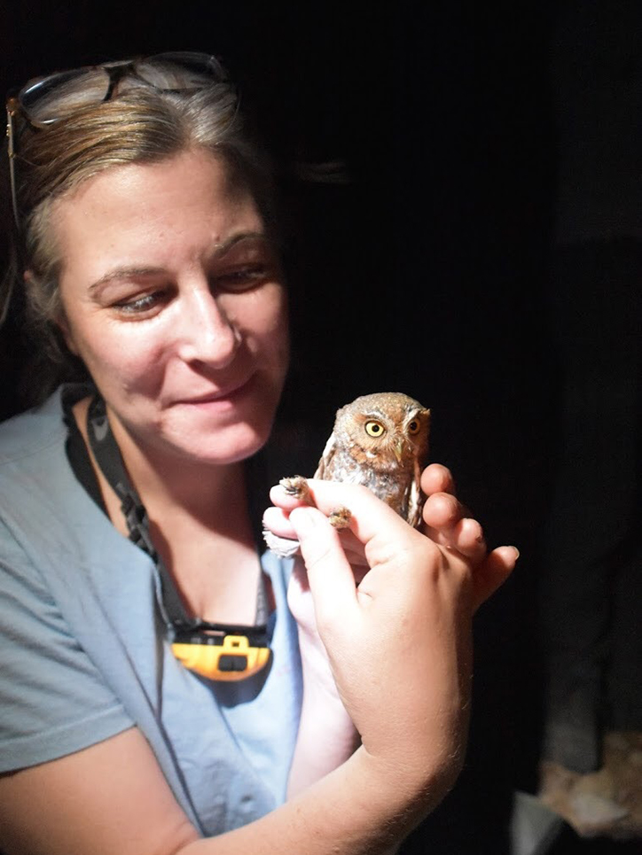 Tracy with a Whiskered Screech Owl.