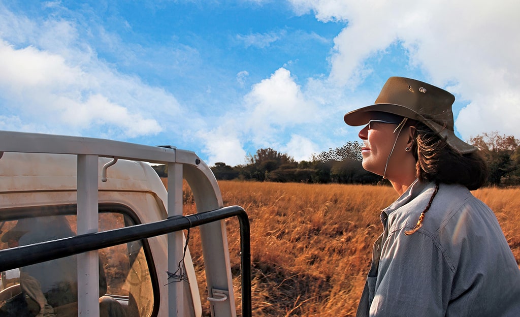 A woman looking on a safari vehicle trying to spot rhinos for research purposes.