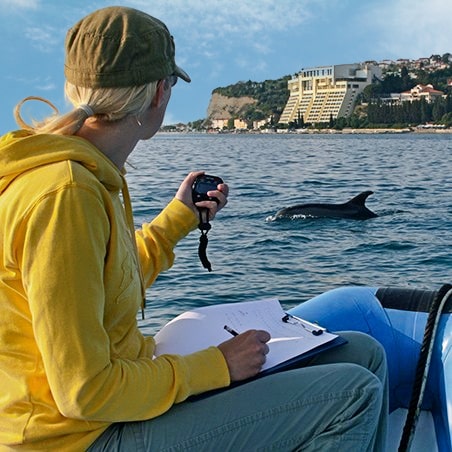 A woman on a boat holding a stopwatch and writing down data while monitoring a dolphin.