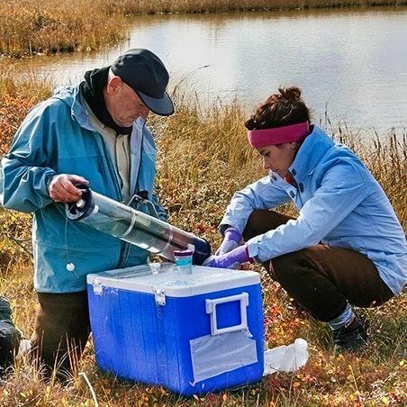 A man and a woman reviewing specimens captured in the wetlands.
