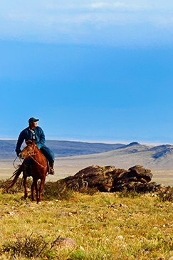 A man on horseback scans the plains for wildlife