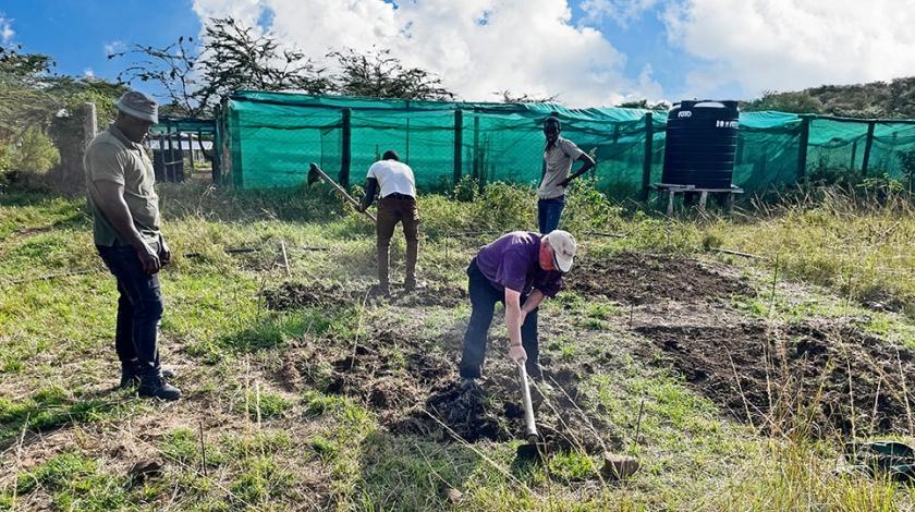 Three people preparing the soil for replanting in Kenya. 