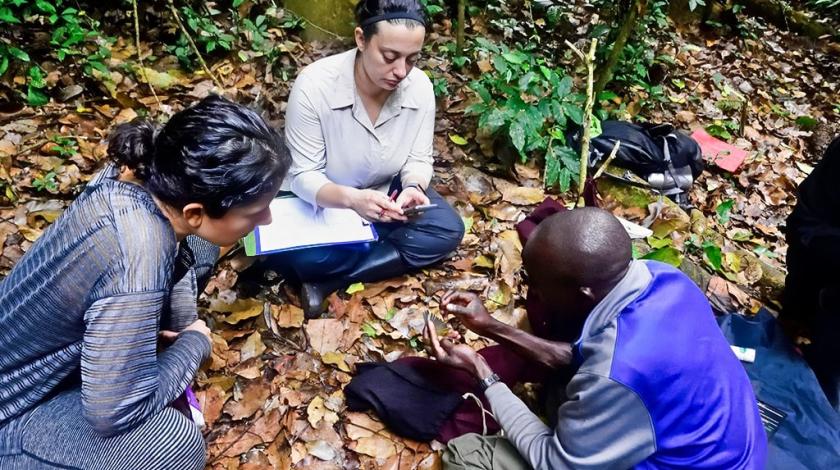 A researcher banding a bird in Uganda while two women look on and document.