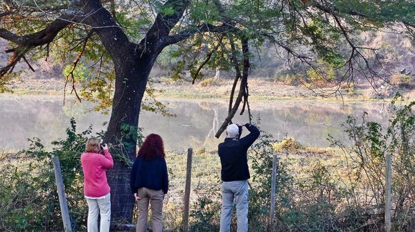 Three Earthwatch participants taking photos of scenery and wildlife in Hluhluwe-iMfolozi Park in South Africa