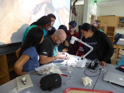 Earthwatch volunteers watch Dr. Oleyar examine a specimen in Utah (C) Grant Dornfeld