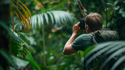 A man photographing wildlife in a dense jungle setting