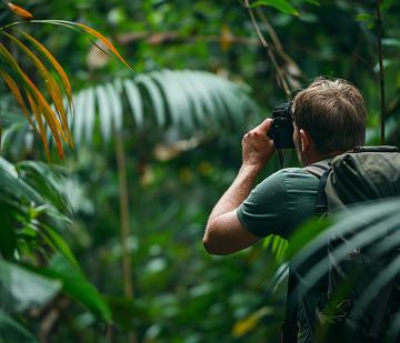 A man photographing wildlife in a dense jungle setting