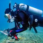 A scuba diver underwater holding  measuring tape and something to record data on